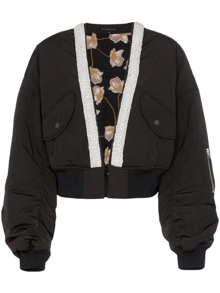 Blindness Collarless Crop Bomber Jacket - Black