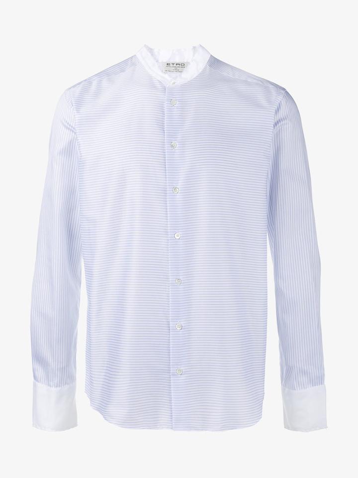 Etro Collarless Stripe Shirt, Men's, Size: 38, Blue, Cotton