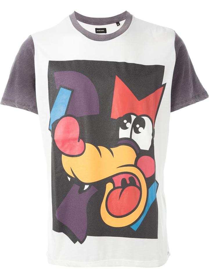 Diesel Cartoon Print Contrast Sleeve T-shirt, Men's, Size: Large, White, Cotton/polyester