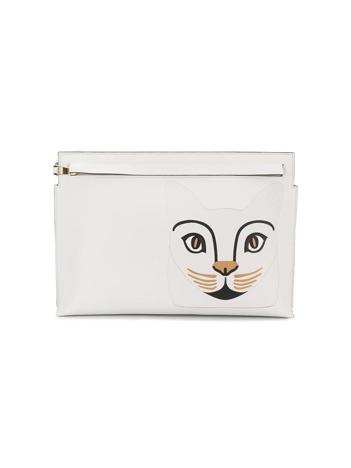 Loewe Cat Printed Clutch, Women's, White, Leather/cotton