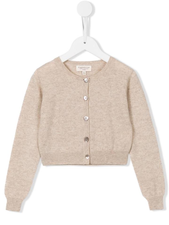 Cashmirino Ribbed Round Neck Cardigan, Girl's, Size: 8 Yrs, Nude/neutrals