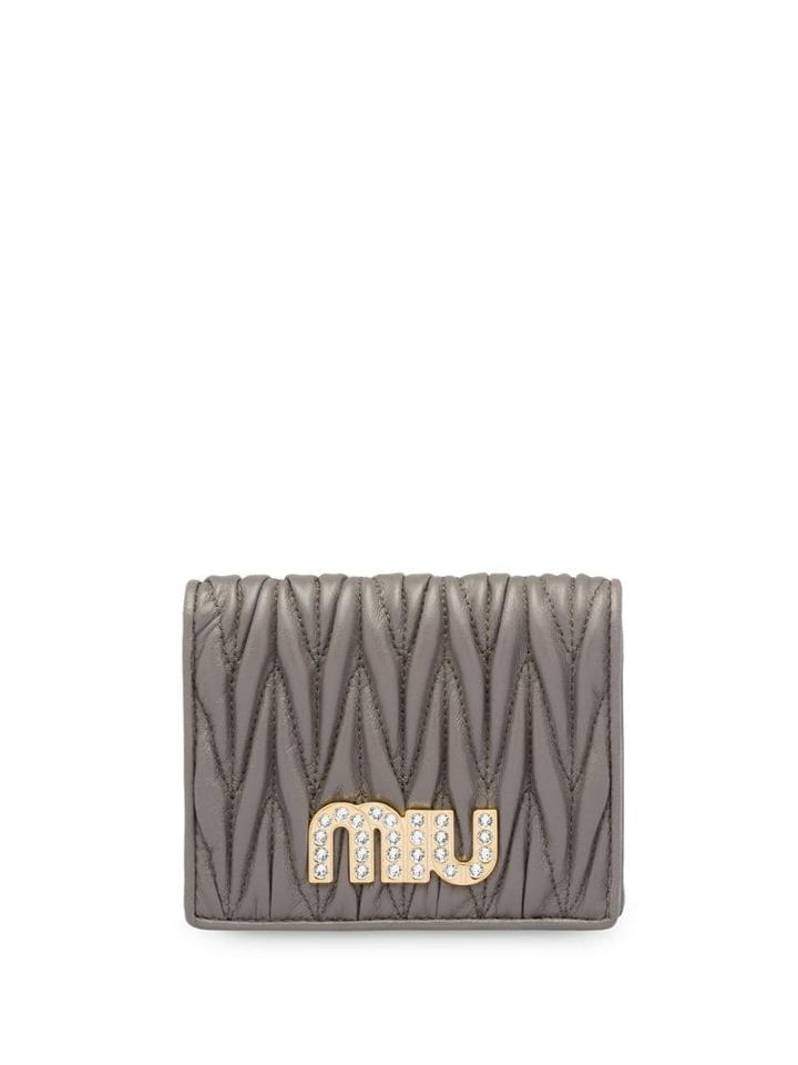 Miu Miu Matelassé Embellished Logo Wallet - Grey