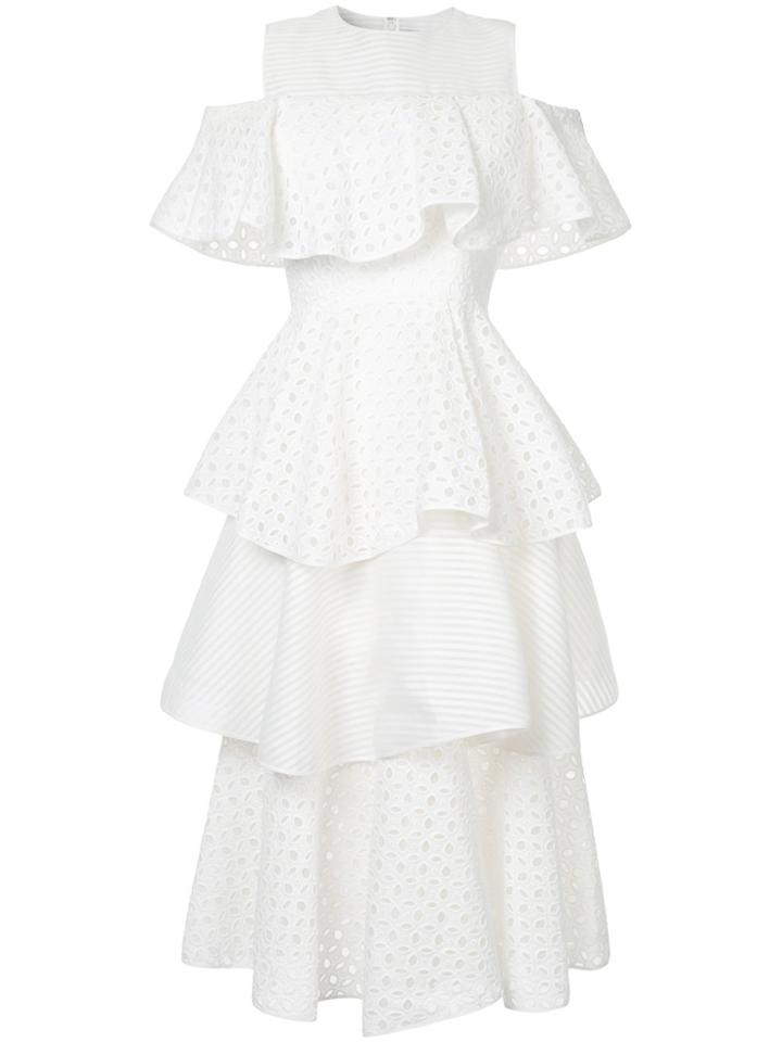 Huishan Zhang Ruffled Cold Shoulder Dress - White