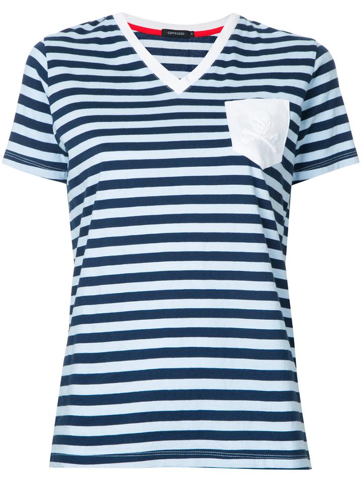 Loveless - Striped V-neck T-shirt - Women - Cotton - 36, Blue, Cotton