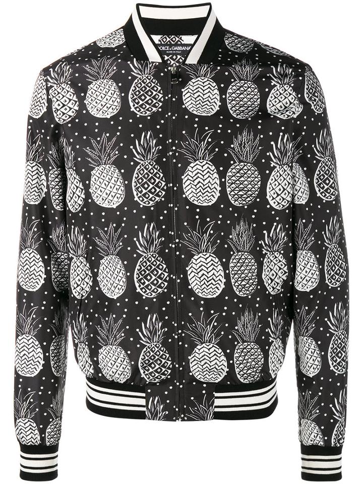 Dolce & Gabbana Pineapple Print Bomber Jacket, Men's, Size: 50, Black, Polyester