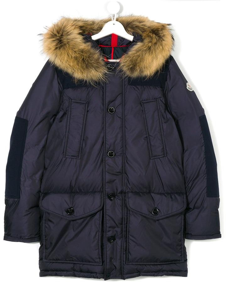 Moncler Kids Paneled Fur Trimmed Coat - Blue