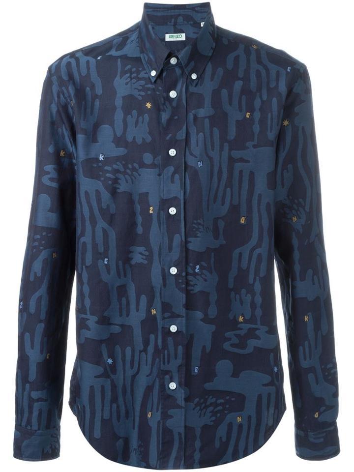 Kenzo Cactus Button Down Shirt, Men's, Size: S, Blue, Cotton