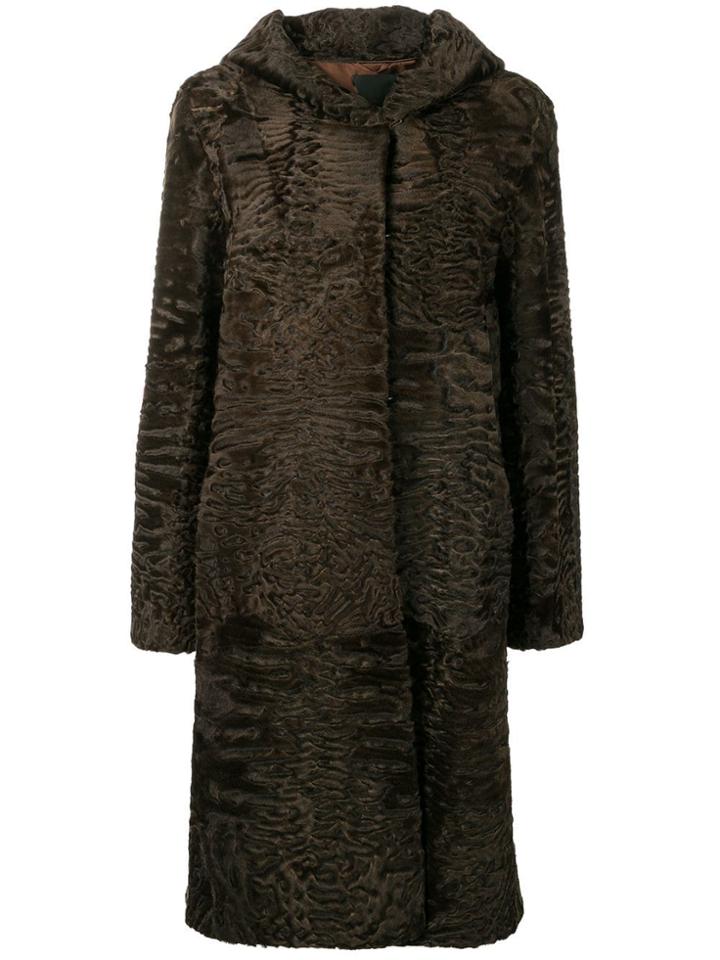 Liska Siva Midi Fur Coat With Hood - Brown