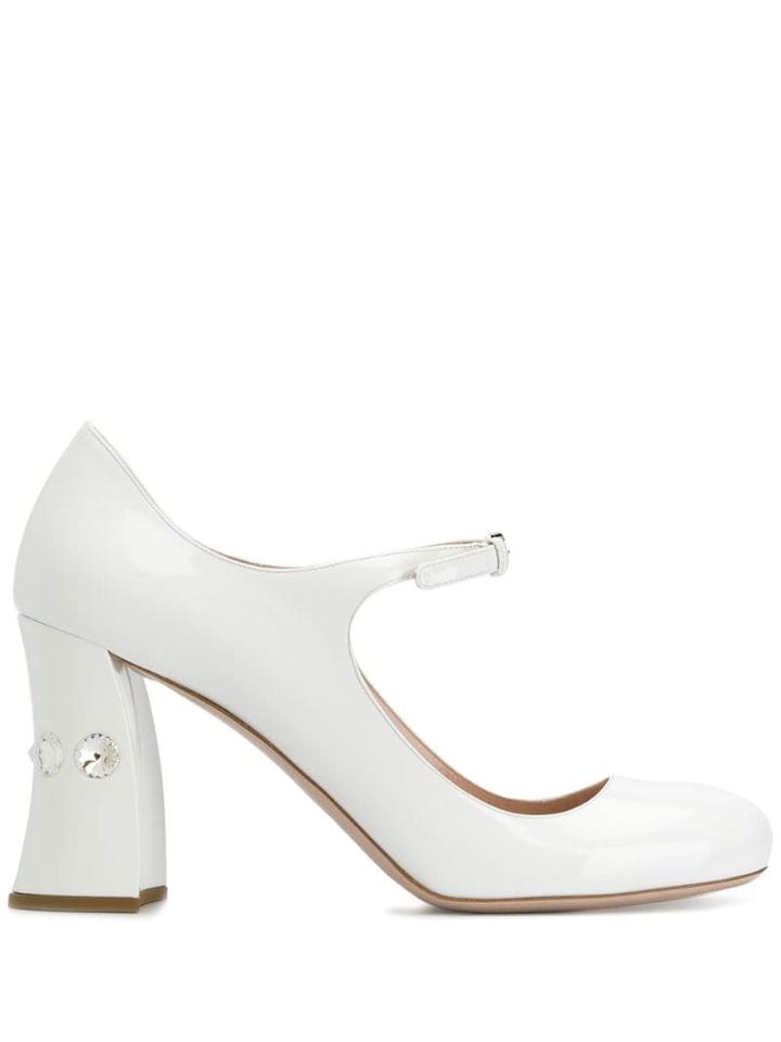 Miu Miu Embellished Heel Mary Jane Pumps - White