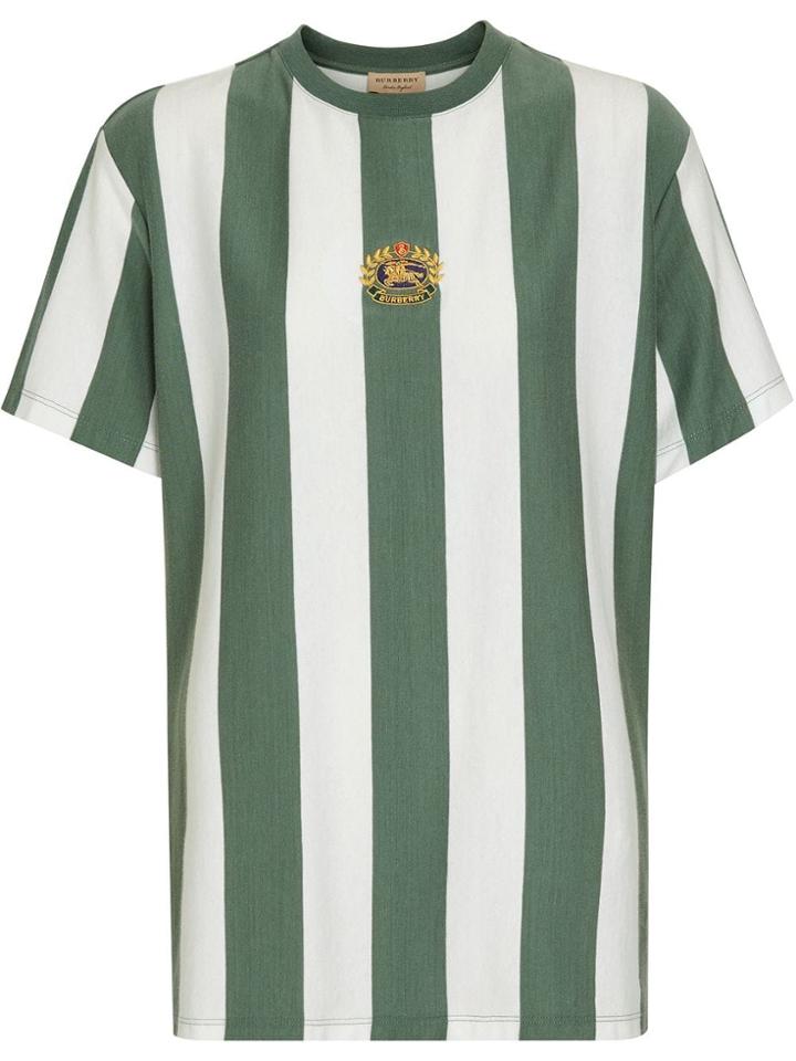 Burberry Embroidered Crest Striped Cotton T-shirt - Green