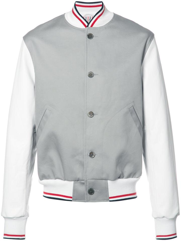 Thom Browne - Varsity Bomber Jacket - Men - Cotton/calf Leather - 3, Grey, Cotton/calf Leather