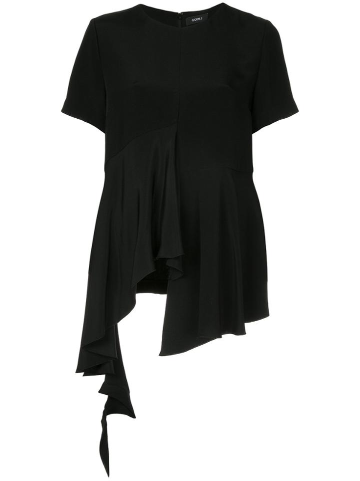 Goen.j Asymmetric Ruffle-paneled Heavy-silk Top - Black