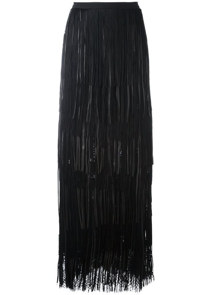 Elie Saab Mesh Hem Pleated Skirt, Women's, Size: 38, Black, Silk/lamb Skin/acetate/silk