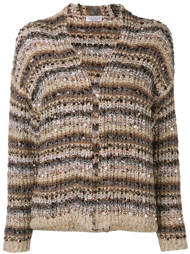 Brunello Cucinelli Sequin Embroidery Striped Cardigan - Brown