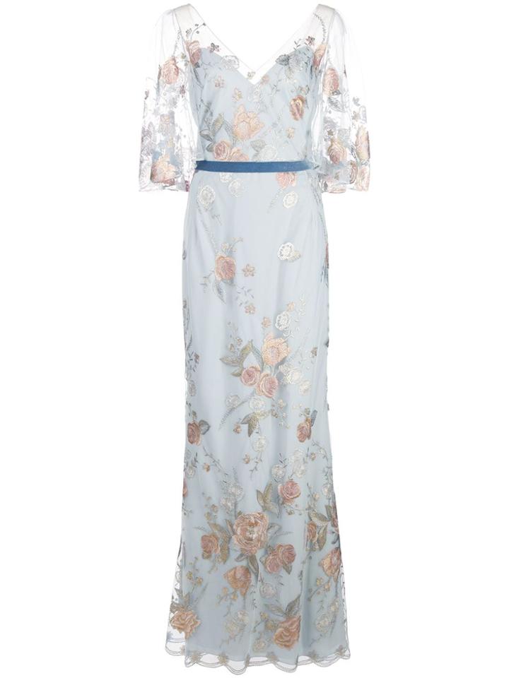 Marchesa Notte Cape Slv Floral Embr Mermaid Gown - Blue
