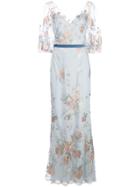 Marchesa Notte Cape Slv Floral Embr Mermaid Gown - Blue