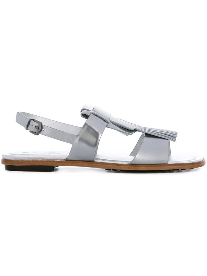 Tod S Front Fringe Buckle Sandals, Women's, Size: 39, Grey, Patent Leather/leather