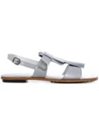 Tod S Front Fringe Buckle Sandals, Women's, Size: 39, Grey, Patent Leather/leather