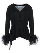 Prada Feather-embellished Belted Cardigan - Black