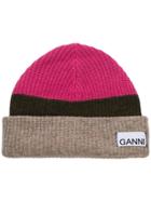 Ganni Panelled Logo Patch Knit Beanie - Pink