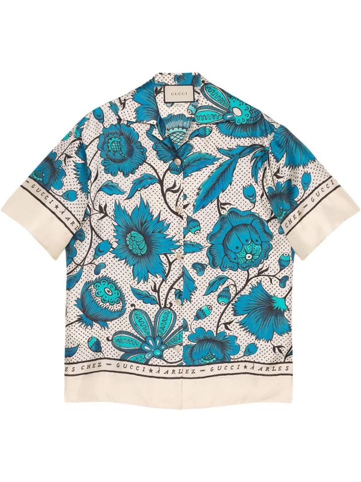 Gucci Bowling Shirt With Watercolor Flowers - White