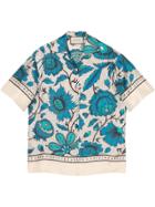 Gucci Bowling Shirt With Watercolor Flowers - White