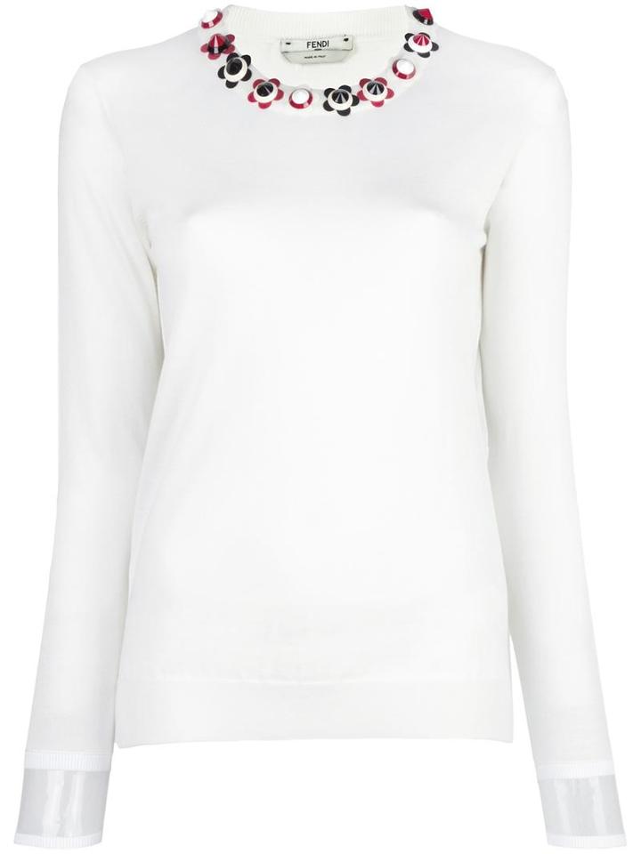 Fendi Embellished Neck Jumper, Women's, Size: 40, White, Cashmere/silk/polyester/plastic