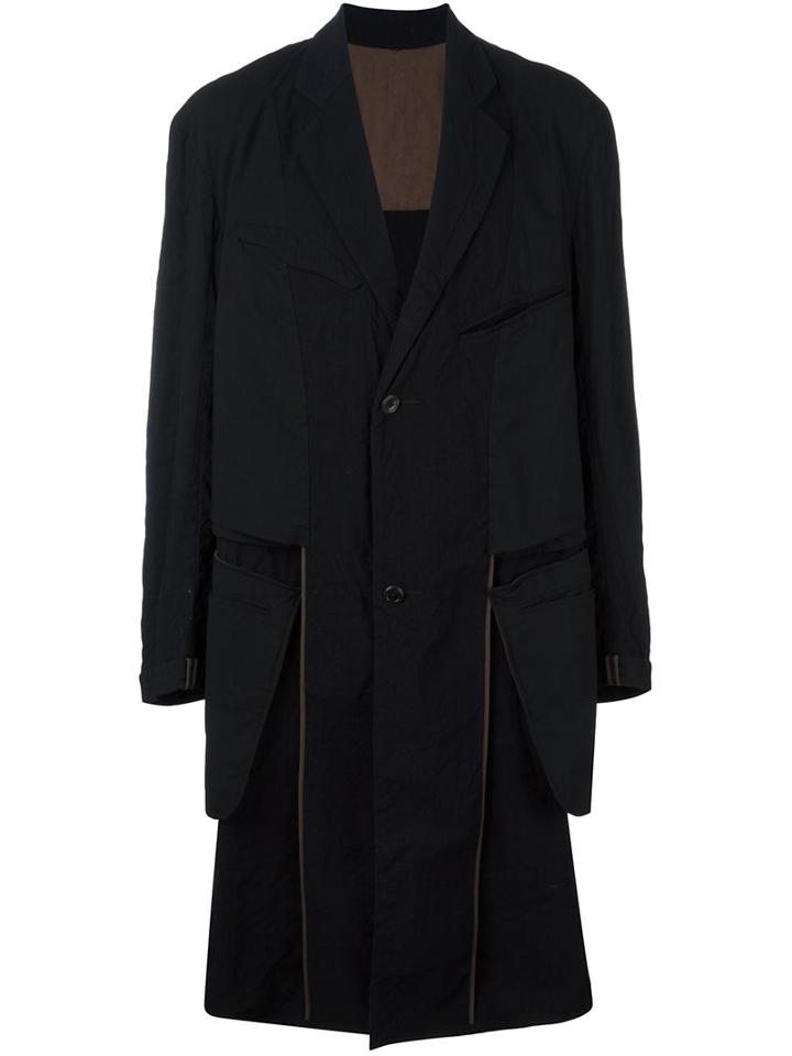 Ziggy Chen Overlay Detail Coat, Men's, Size: 48, Black, Wool/viscose/spandex/elastane/cotton