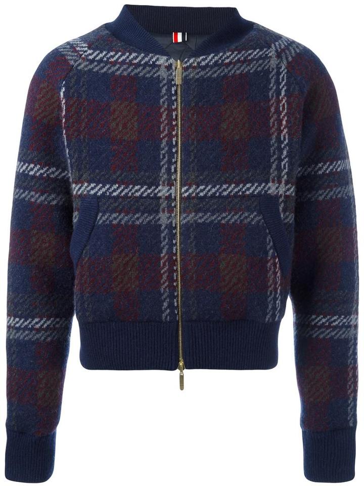 Thom Browne Checked Knit Bomber Jacket, Men's, Size: 3, Blue, Polyester/wool/cashmere