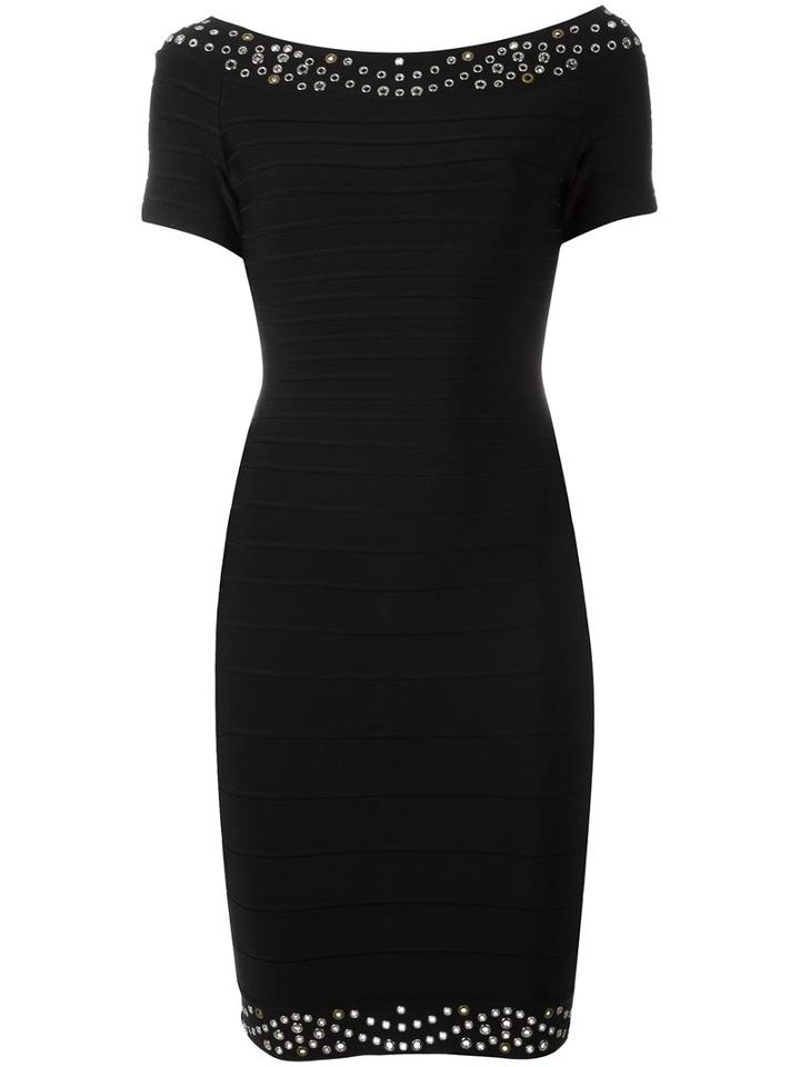Hervé Léger - Short Sleeved Fitted Dress - Women - Nylon/spandex/elastane/rayon - Xs, Black, Nylon/spandex/elastane/rayon