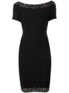 Hervé Léger - Short Sleeved Fitted Dress - Women - Nylon/spandex/elastane/rayon - Xs, Black, Nylon/spandex/elastane/rayon