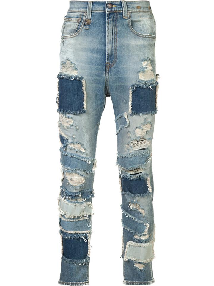 R13 Patched Frayed Cropped Jeans, Men's, Size: 32, Blue, Cotton/spandex/elastane