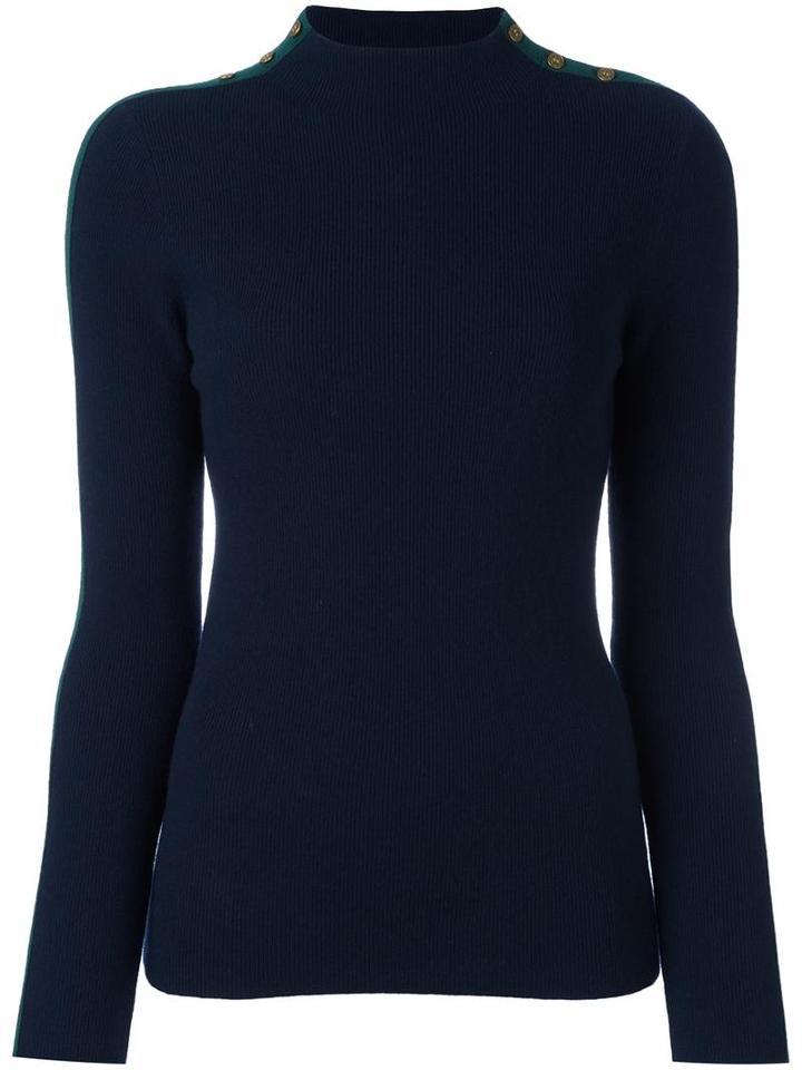 Tory Burch Shoulder Detailing Ribbed Pullover, Women's, Size: Medium, Blue, Merino