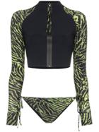 Ganni Tiger Print Zip Bikini Top - Black