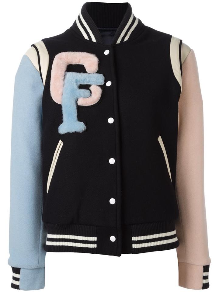 Forte Couture Varsity Bomber Jacket, Women's, Size: 44, Blue, Leather/polyamide/acetate/wool