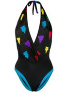 Fendi Vintage Abstract Print Halterneck Swimsuit - Black