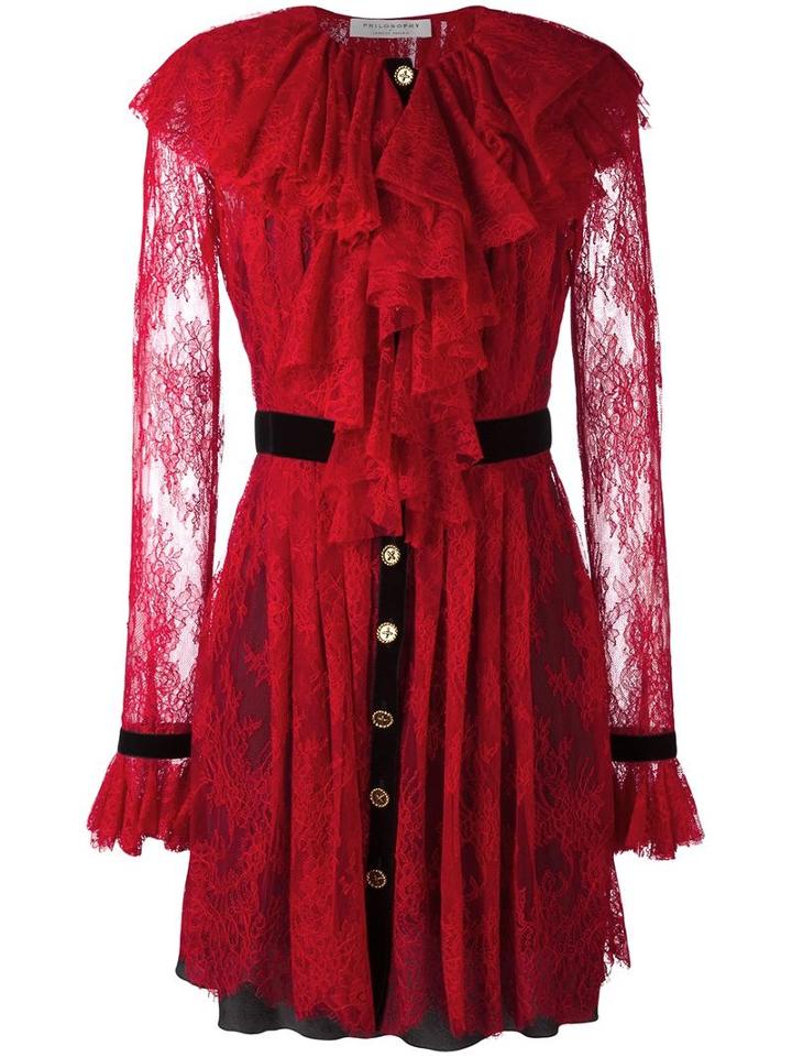 Philosophy Di Lorenzo Serafini Lace Ruffled Dress, Women's, Size: 40, Red, Polyamide/polyester