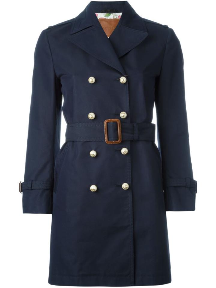 Gucci Double Breasted Coat, Women's, Size: 46, Blue, Silk/cotton/leather/viscose