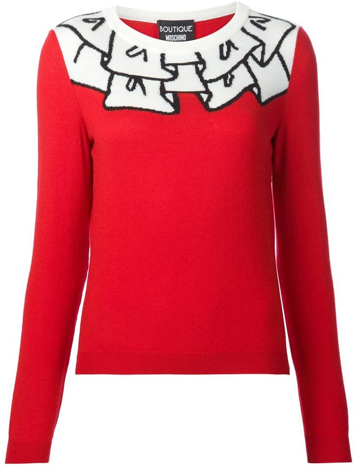 Boutique Moschino Ruffle Effect Sweater, Women's, Size: 42, Red, Virgin Wool