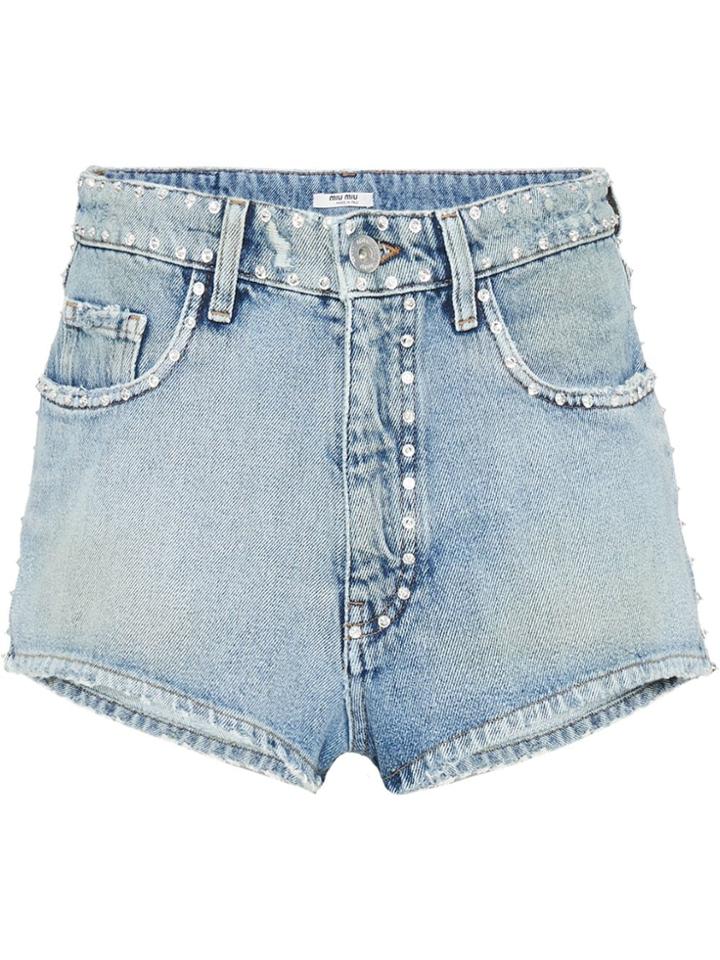 Miu Miu Embellished Denim Shorts - Blue