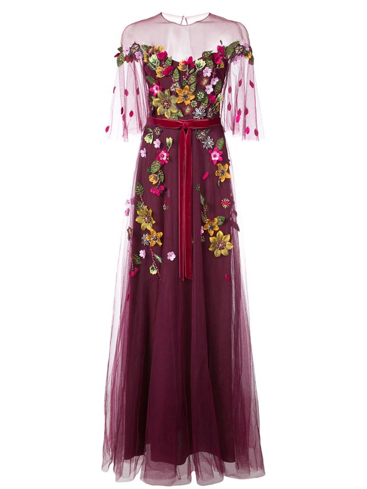 Marchesa Notte Floral Appliqué Tulle Gown - Pink & Purple