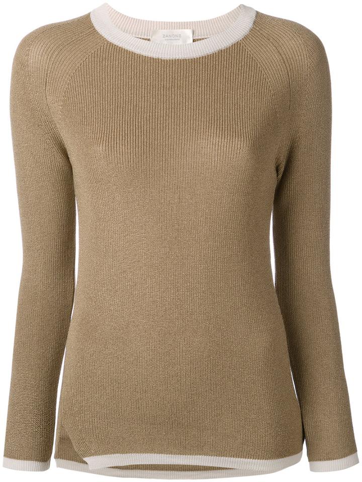 Zanone - Contrast Neck Sweater - Women - Cotton/viscose - 44, Brown, Cotton/viscose