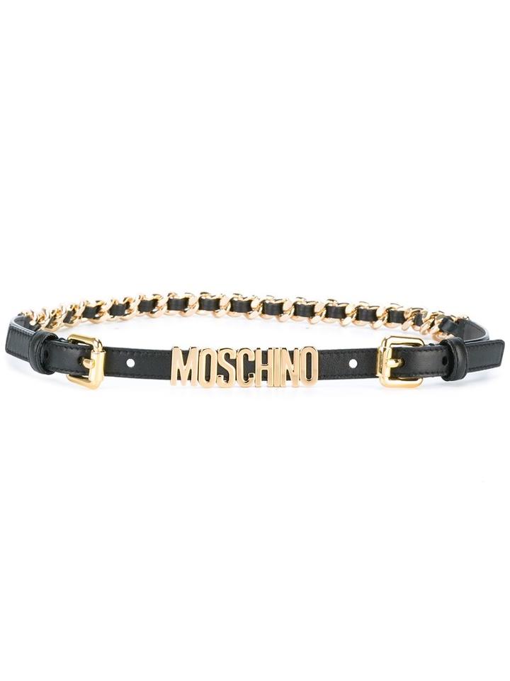 Moschino Logo Plaque Skinny Belt, Women's, Size: 80, Black, Calf Leather/metal