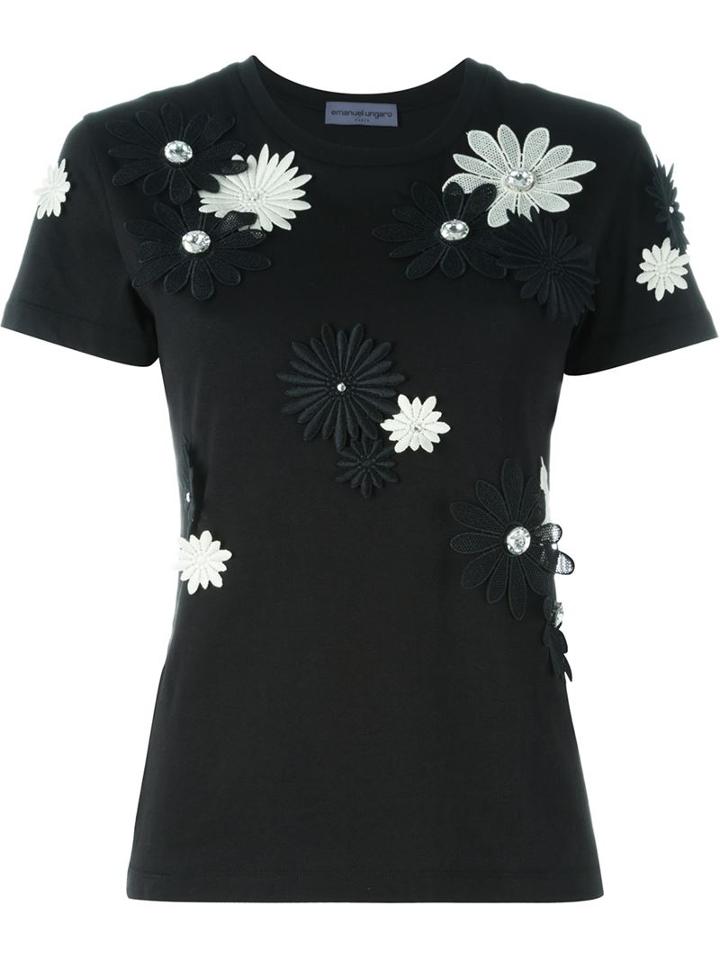 Emanuel Ungaro Flower Appliqué T-shirt, Women's, Size: 44, Black, Cotton/crystal