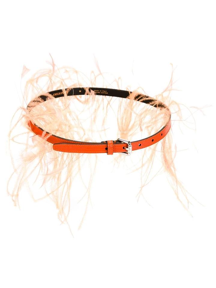 Emilio Pucci Feather Trim Belt, Women's, Size: Medium, Yellow/orange, Feather Down/leather