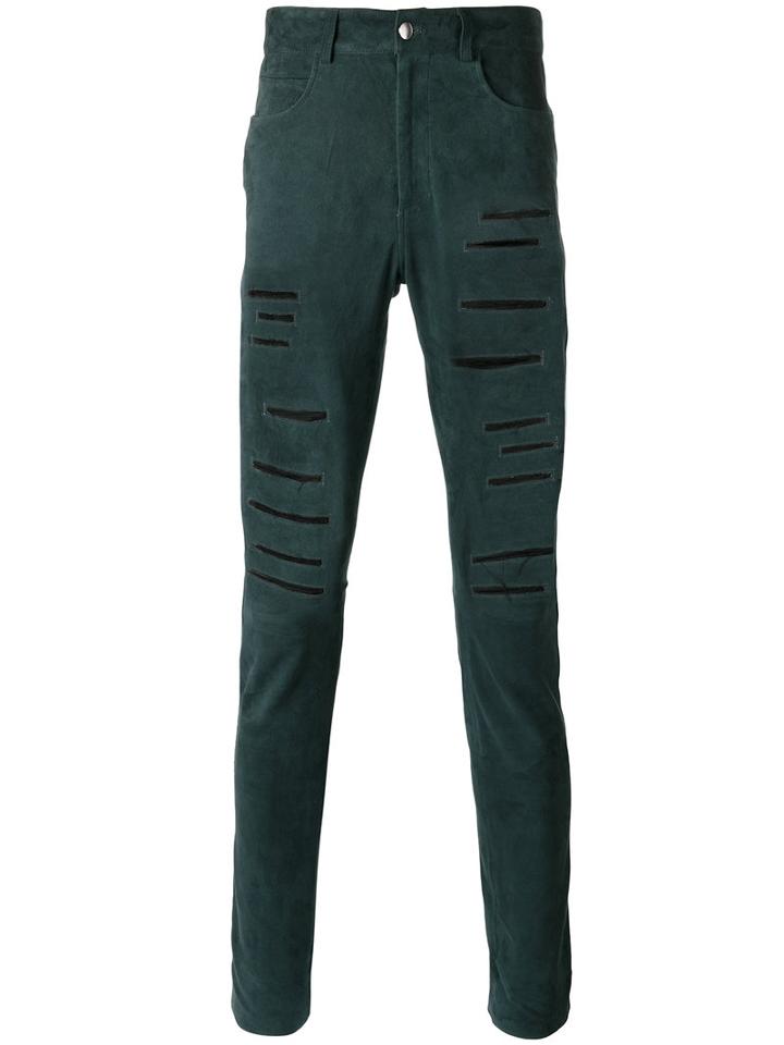 Giorgio Brato Ripped Leather Trousers, Men's, Size: 48, Green, Cotton/spandex/elastane/lamb Skin