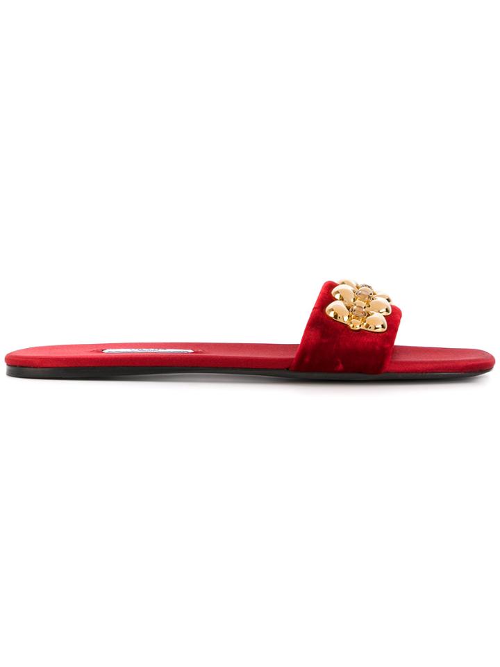 Prada Velvet Crystal Embellished Sliders - Red