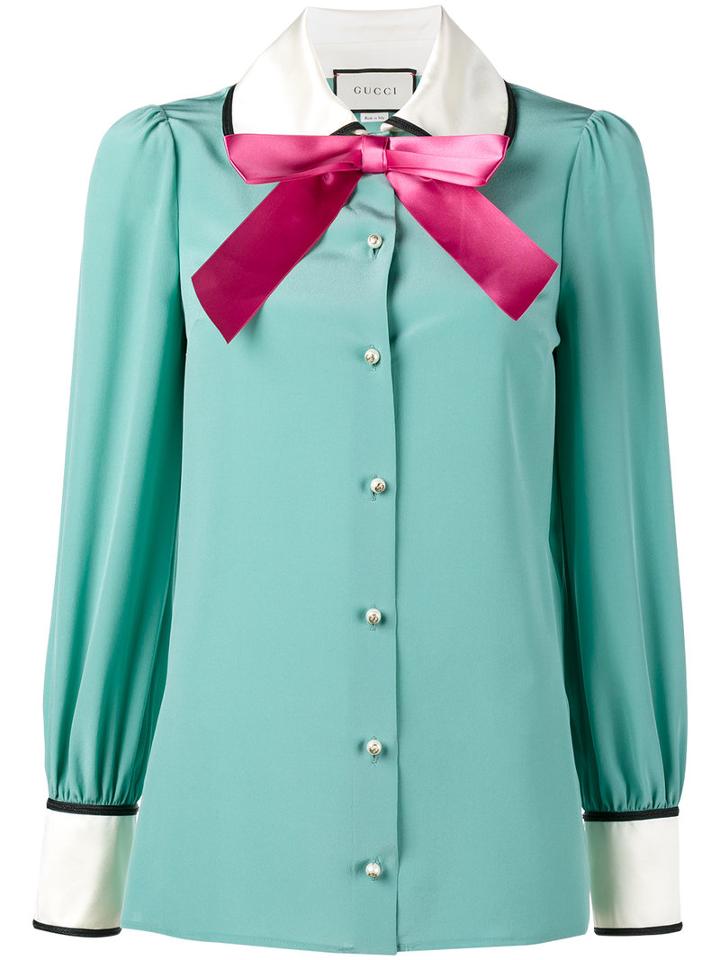 Gucci - Long Sleeve Pussy Bow Blouse - Women - Silk/polyester - 42, Blue, Silk/polyester
