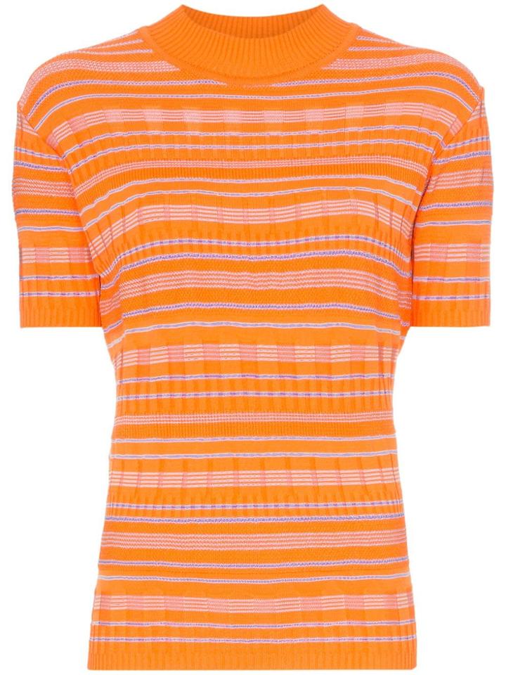 Cap Barbara Stripe Print Knitted Mock Neck T-shirt - Orange
