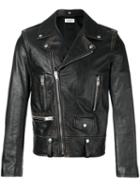 Saint Laurent - Distressed Biker Jacket - Men - Cotton/calf Leather/polyester/cupro - 50, Black, Cotton/calf Leather/polyester/cupro